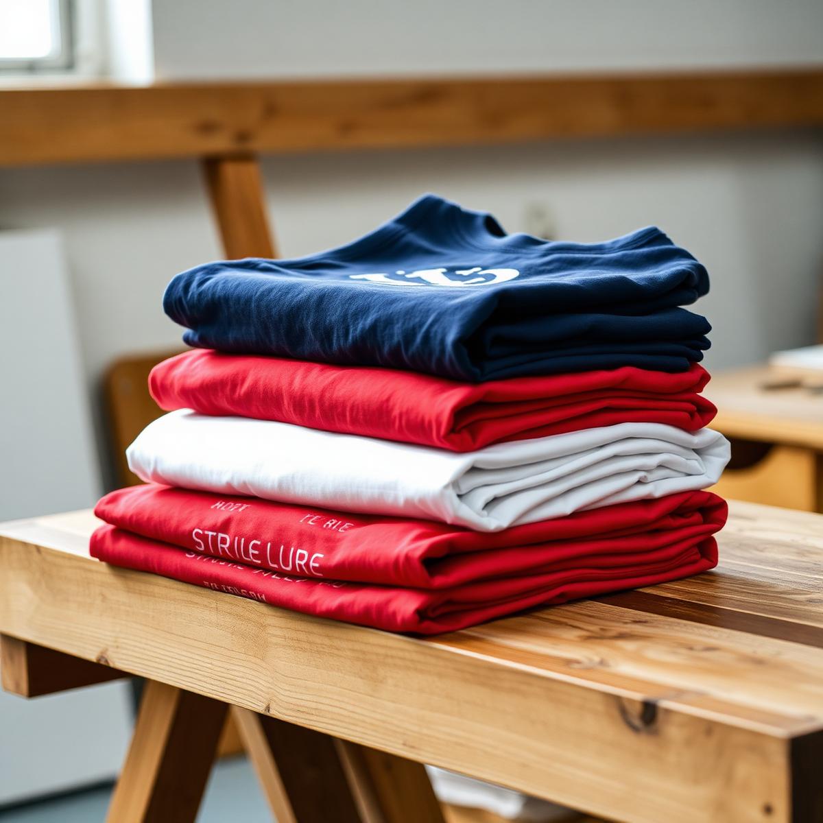 Printed T-shirts folded on a workshop bench