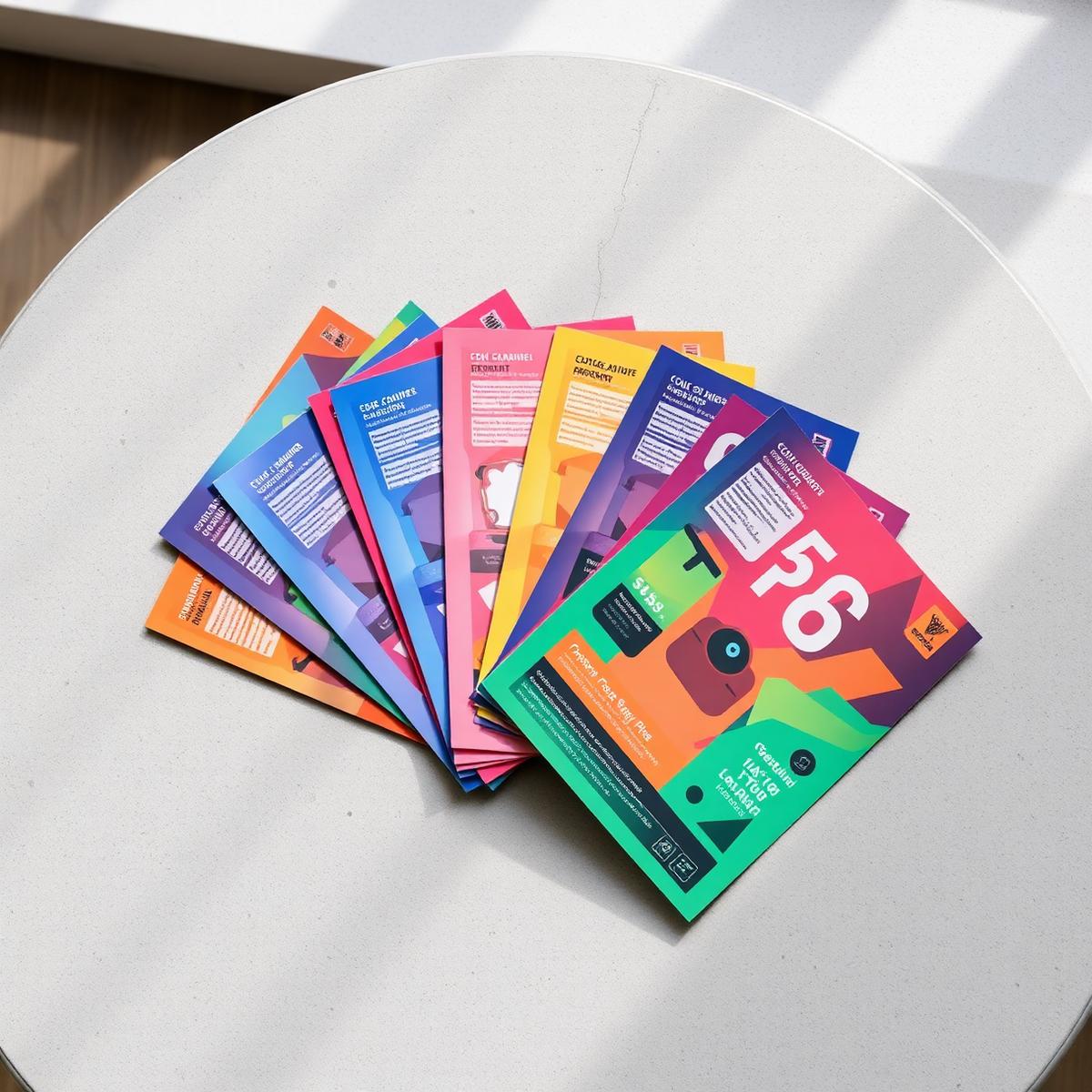 Colourful printed A5 flyers fanned out on a table