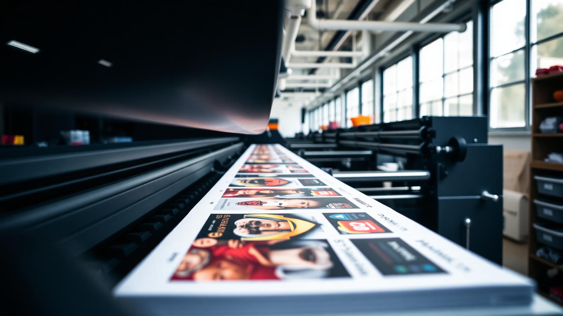 Freshly printed colour sheets coming off the press